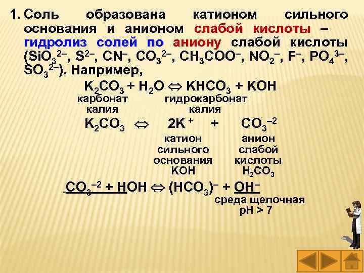 1. Соль образована катионом сильного основания и анионом слабой кислоты – гидролиз солей по