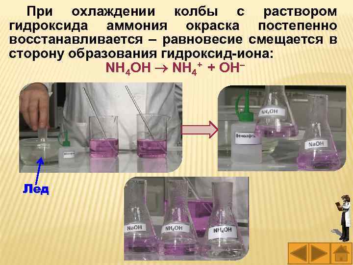 При охлаждении колбы с раствором гидроксида аммония окраска постепенно восстанавливается – равновесие смещается в