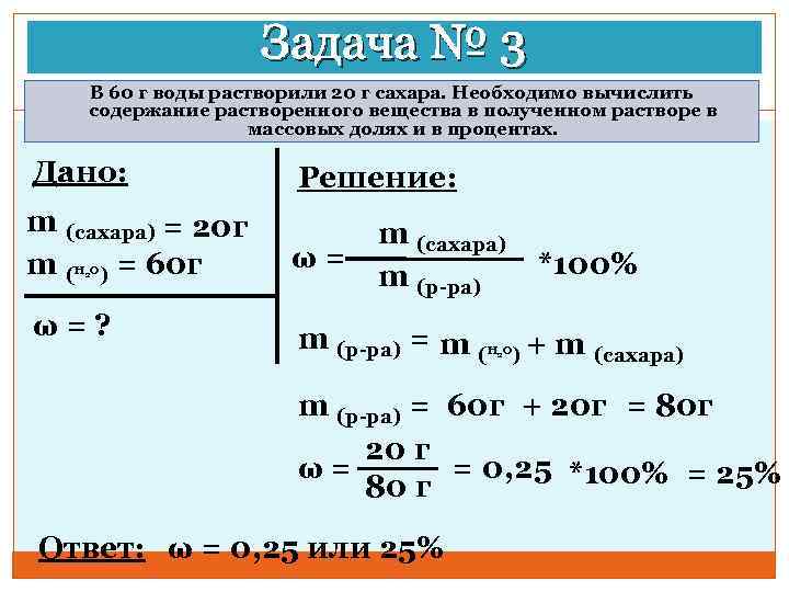 Задача № 3 В 60 г воды растворили 20 г сахара. Необходимо вычислить содержание