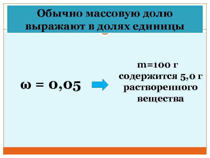 Обычно массовую долю выражают в долях единицы ω = 0, 05 m=100 г содержится