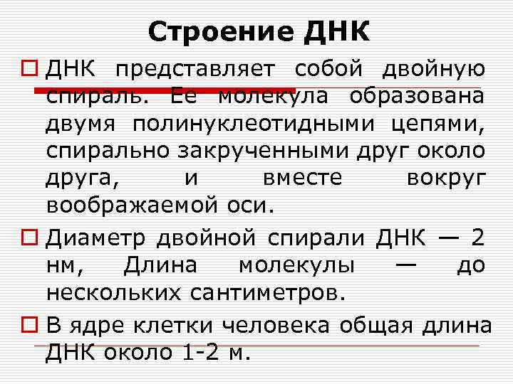 Строение ДНК o ДНК представляет собой двойную спираль. Ее молекула образована двумя полинуклеотидными цепями,