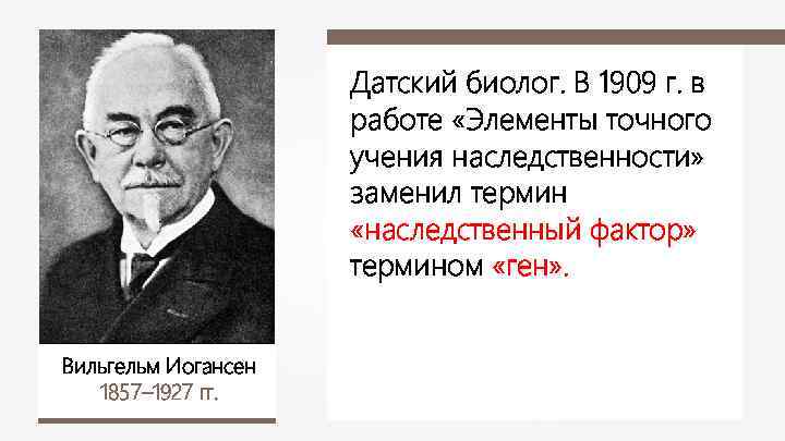 Датский биолог. В 1909 г. в работе «Элементы точного учения наследственности» заменил термин «наследственный