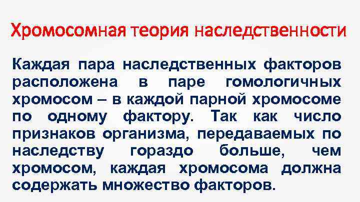 Хромосомная теория наследственности Каждая пара наследственных факторов расположена в паре гомологичных хромосом – в