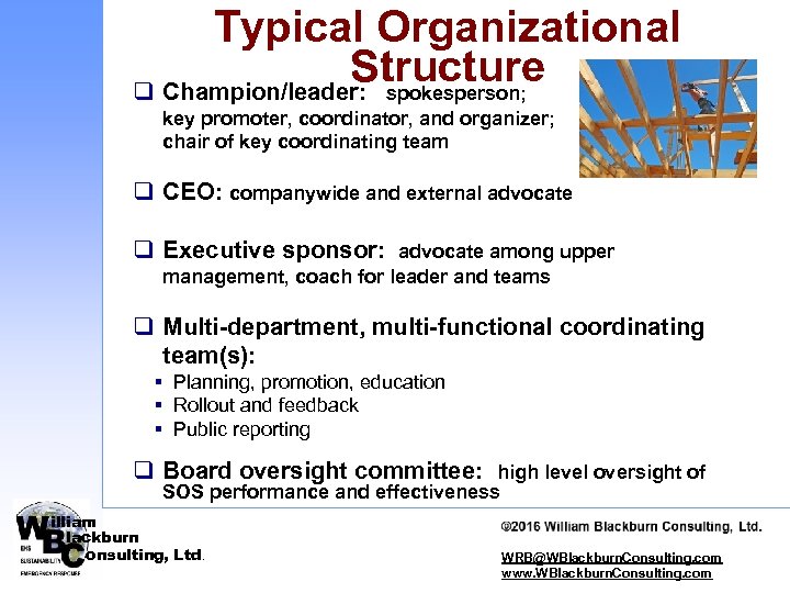 Typical Organizational Structure q Champion/leader: spokesperson; key promoter, coordinator, and organizer; chair of key
