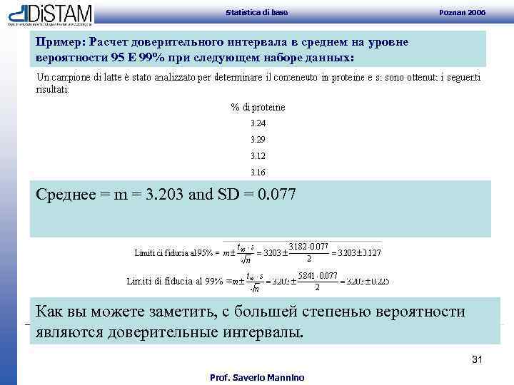 Statistica di base Poznan 2006 Пример: Расчет доверительного интервала в среднем на уровне вероятности