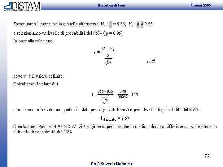 Statistica di base Poznan 2006 72 Prof. Saverio Mannino 