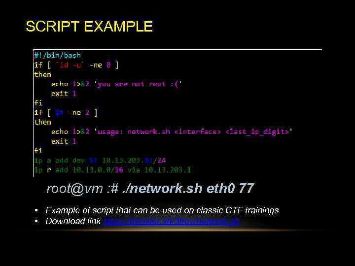 SCRIPT EXAMPLE root@vm : #. /network. sh eth 0 77 • Example of script