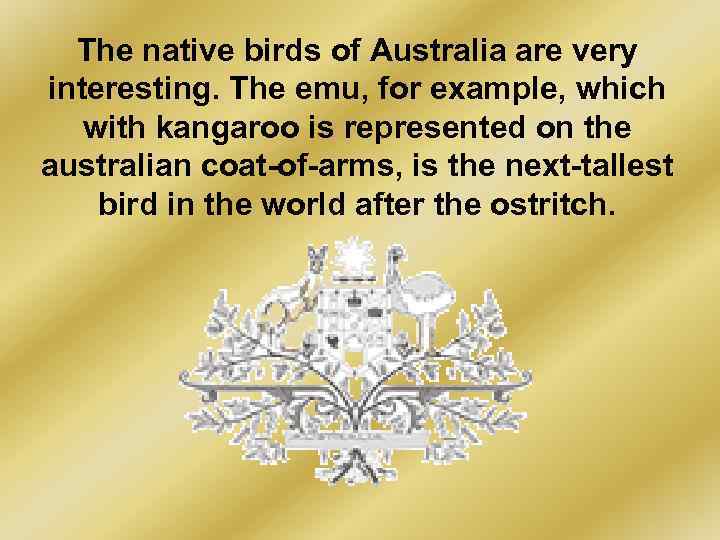 The native birds of Australia are very interesting. The emu, for example, which with