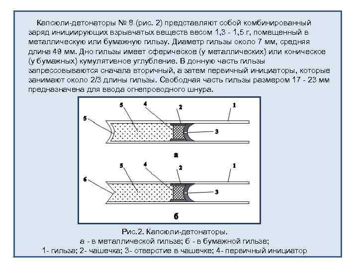 Капсюли детонаторы № 8 (рис. 2) представляют собой комбинированный заряд инициирующих взрывчатых веществ весом