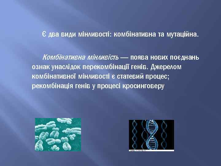 Є два види мінливості: комбінативна та мутаційна. Комбінативна мінливість — поява нових поєднань ознак