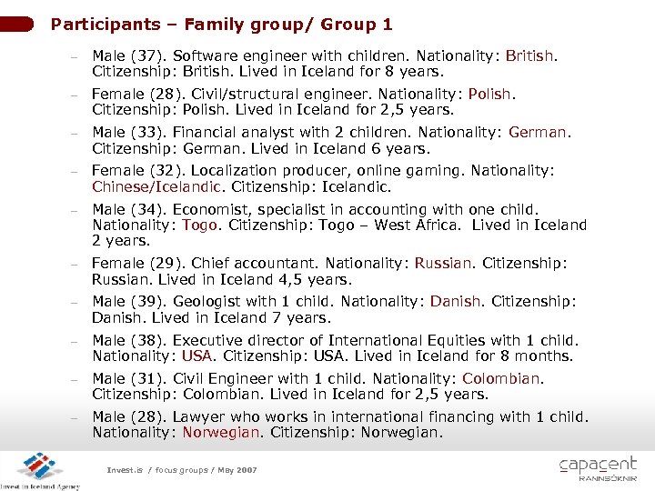 Participants – Family group/ Group 1 - Female (28). Civil/structural engineer. Nationality: Polish. Citizenship: