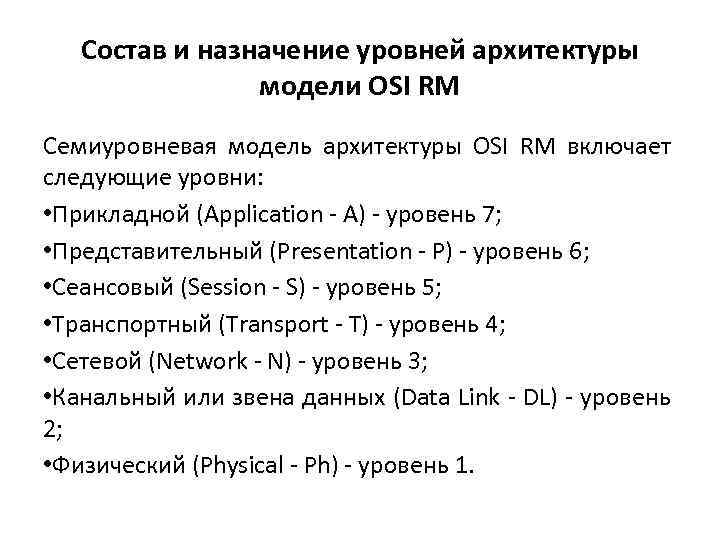 Состав и назначение уровней архитектуры модели OSI RM Семиуровневая модель архитектуры OSI RM включает