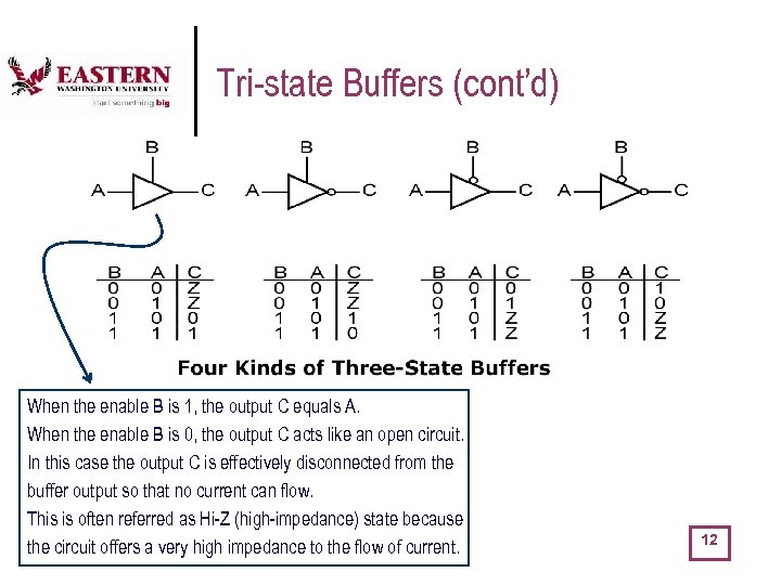 Tri-state Buffers (cont’d) When the enable B is 1, the output C equals A.