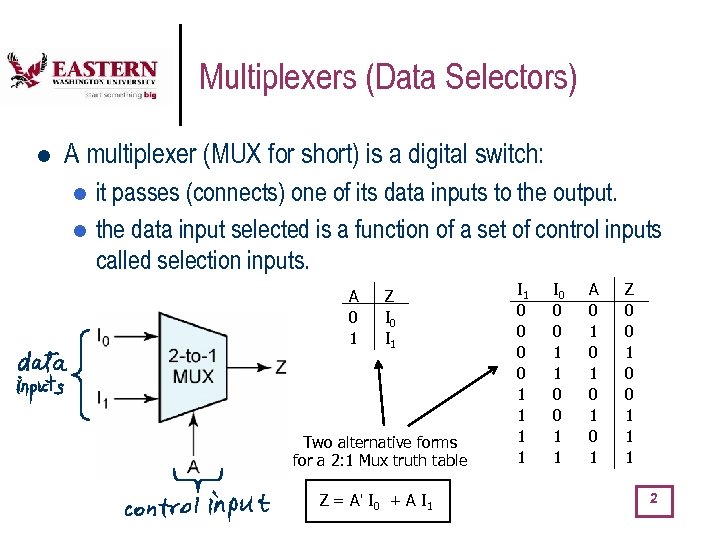 Multiplexers (Data Selectors) l A multiplexer (MUX for short) is a digital switch: it