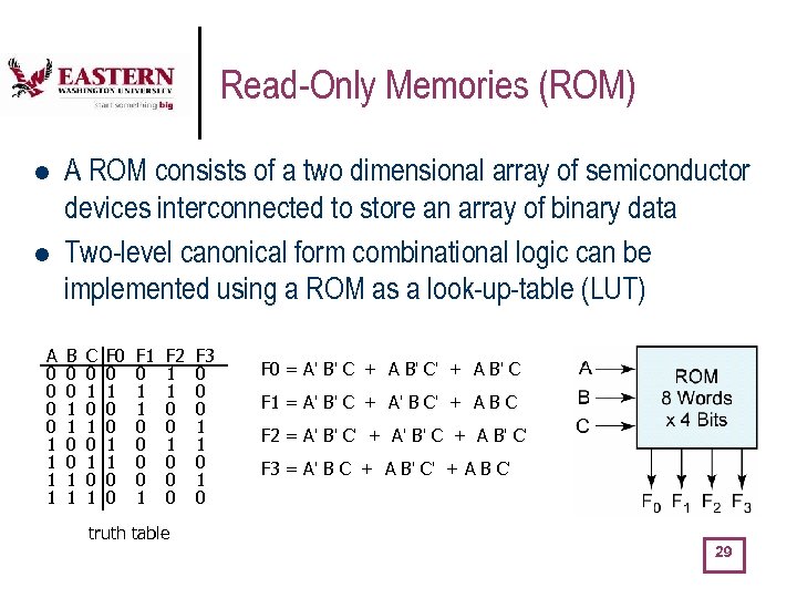 Read-Only Memories (ROM) l l A 0 0 1 1 A ROM consists of