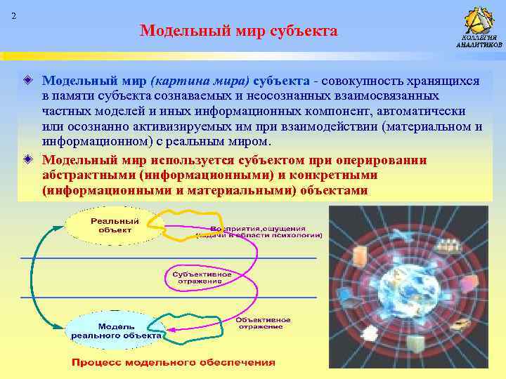 2 Модельный мир субъекта Модельный мир (картина мира) субъекта - совокупность хранящихся в памяти