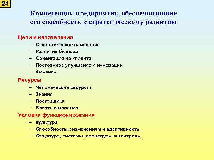 24 Компетенции предприятия, обеспечивающие его способность к стратегическому развитию Цели и направления – –