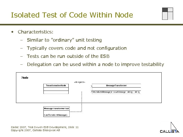 Isolated Test of Code Within Node • Characteristics: – Similar to ”ordinary” unit testing
