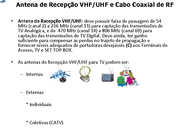 Antena de Recepção VHF/UHF e Cabo Coaxial de RF • Antena de Recepção VHF/UHF: