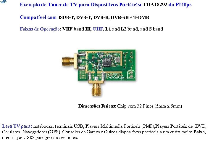 Exemplo de Tuner de TV para Dispositivos Portáteis: TDA 18292 da Philips Compatível com