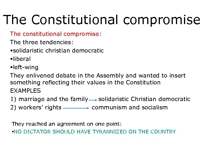 The Constitutional compromise The constitutional compromise: The three tendencies: §solidaristic christian democratic §liberal §left-wing