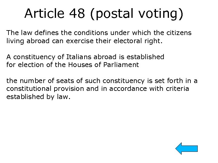 Article 48 (postal voting) The law defines the conditions under which the citizens living