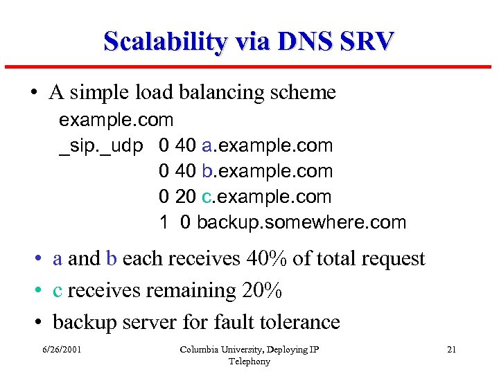 Scalability via DNS SRV • A simple load balancing scheme example. com _sip. _udp