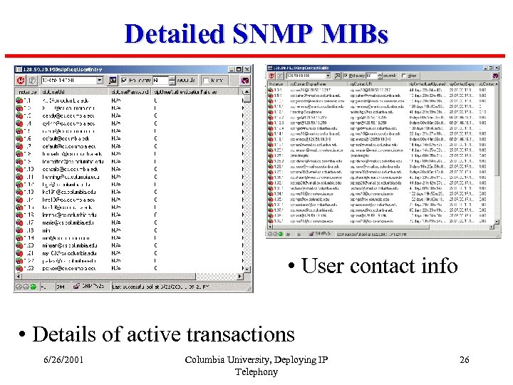 Detailed SNMP MIBs • User contact info • Details of active transactions 6/26/2001 Columbia