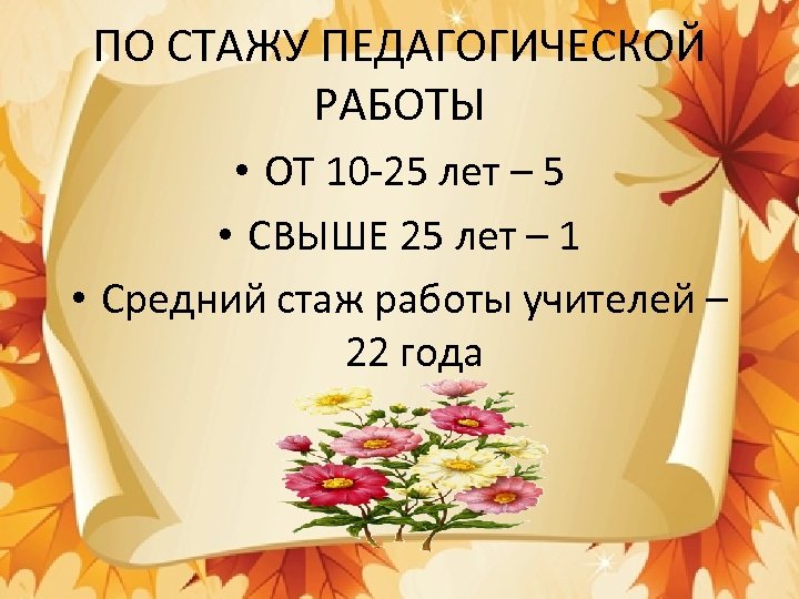 ПО СТАЖУ ПЕДАГОГИЧЕСКОЙ РАБОТЫ • ОТ 10 -25 лет – 5 • СВЫШЕ 25