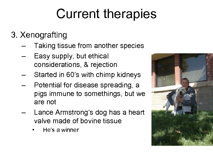 Current therapies 3. Xenografting – – – Taking tissue from another species Easy supply,
