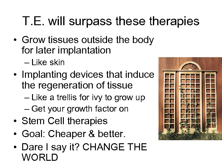 T. E. will surpass these therapies • Grow tissues outside the body for later