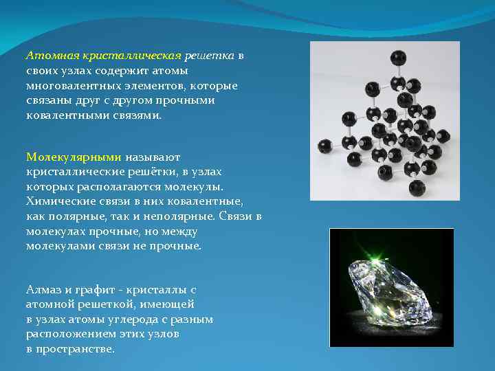 Атомная кристаллическая решетка в своих узлах содержит атомы многовалентных элементов, которые связаны друг с