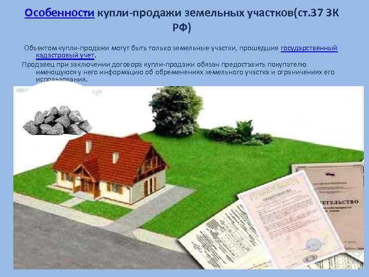 Особенности купли-продажи земельных участков(ст. 37 ЗК РФ) Объектом купли-продажи могут быть только земельные участки,