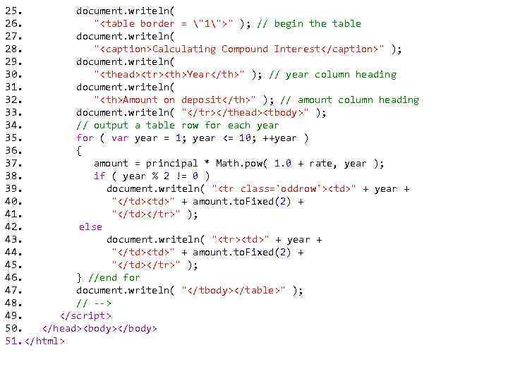 25. document. writeln( 26. "<table border = "1">" ); // begin the table 27.