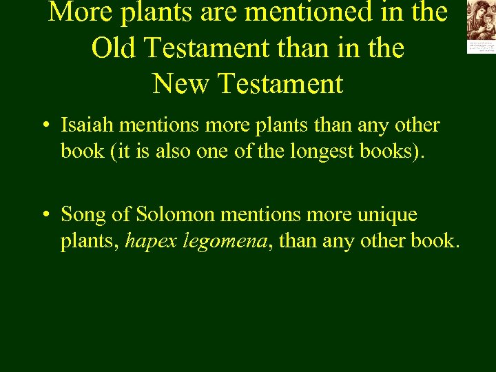 More plants are mentioned in the Old Testament than in the New Testament •