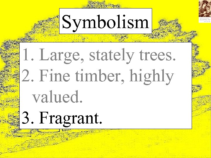 Symbolism 1. Large, stately trees. 2. Fine timber, highly valued. 3. Fragrant. 