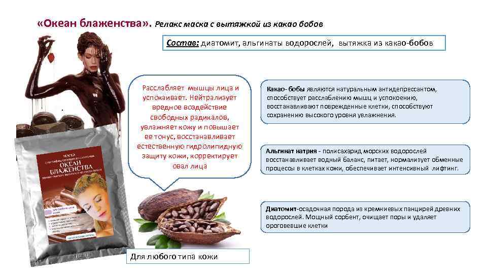  «Океан блаженства» . Релакс маска с вытяжкой из какао бобов Состав: диатомит, альгинаты