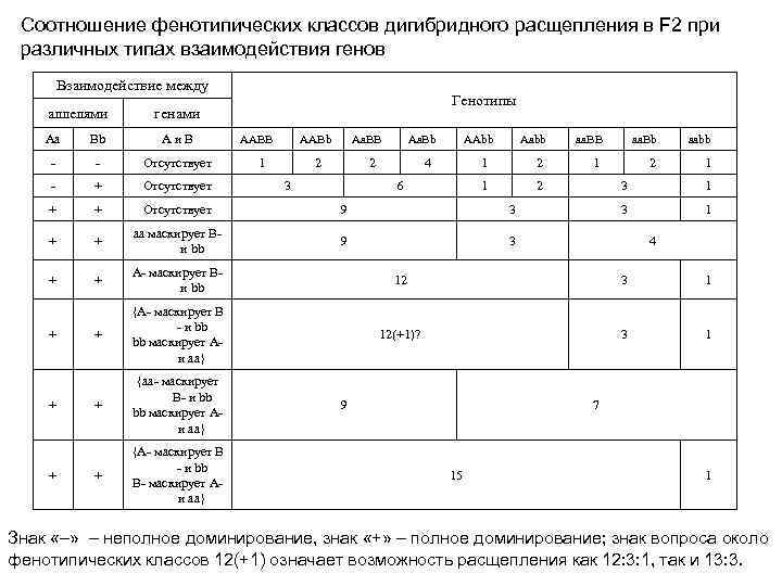 Соотношение фенотипических классов дигибридного расщепления в F 2 при различных типах взаимодействия генов Взаимодействие