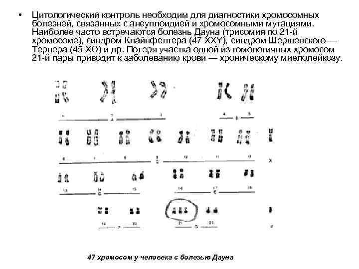  • Цитологический контроль необходим для диагностики хромосомных болезней, связанных с анеуплоидией и хромосомными