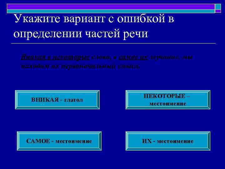Укажите вариант с ошибкой в определении частей речи Вникая в некоторые слова, в самое