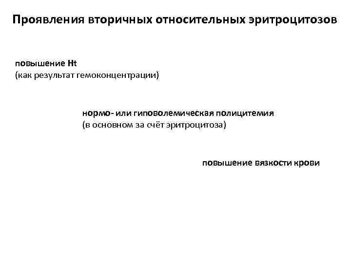 Проявления вторичных относительных эритроцитозов повышение Ht (как результат гемоконцентрации) нормо- или гиповолемическая полицитемия (в