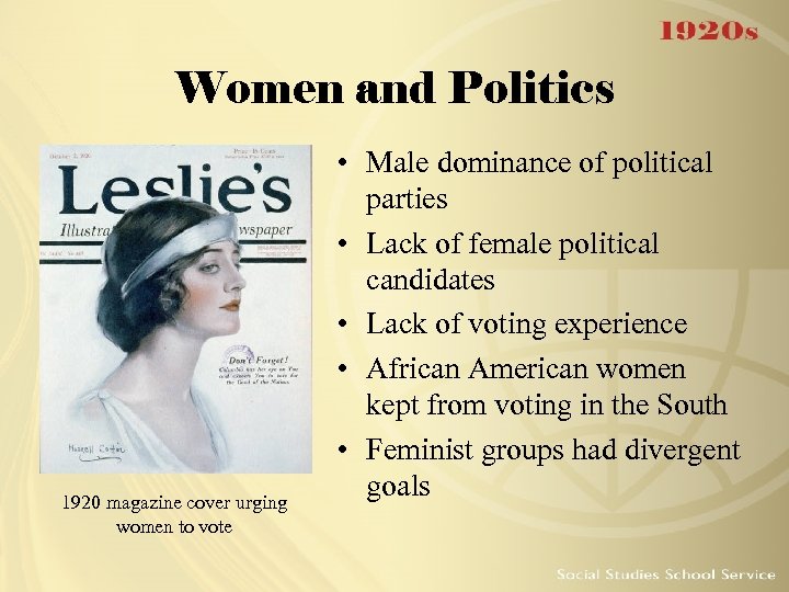 Women and Politics 1920 magazine cover urging women to vote • Male dominance of