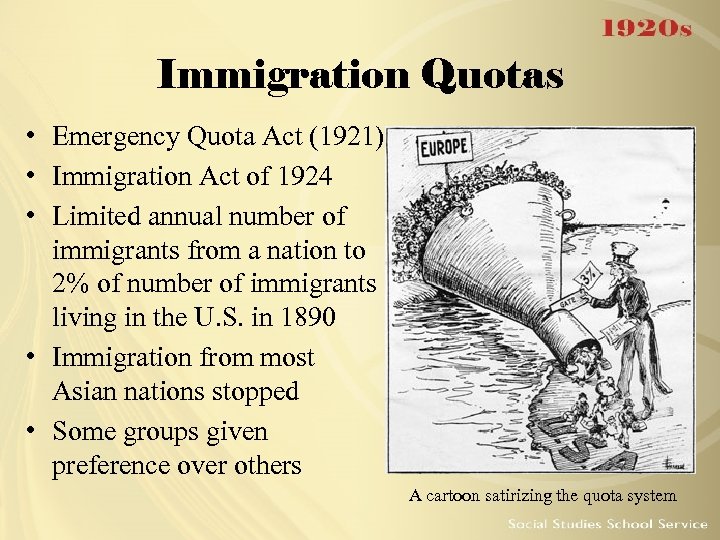 Immigration Quotas • Emergency Quota Act (1921) • Immigration Act of 1924 • Limited