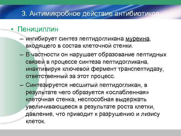 3. Антимикробное действие антибиотиков • Пенициллин – ингибирует синтез пептидогликана муреина, входящего в состав