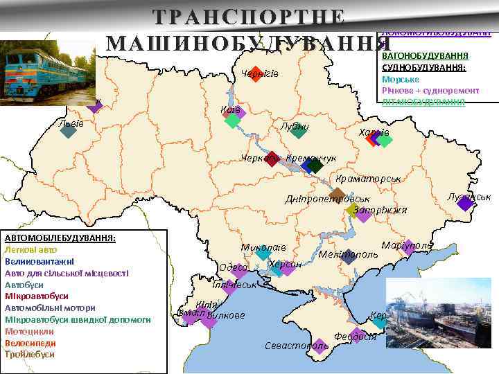 ТРАНСПОРТНЕ ЛОКОМОТИВОБУДУВАНН Я МАШИНОБУДУВАННЯ ВАГОНОБУДУВАННЯ СУДНОБУДУВАННЯ: Морське Річкове + судноремонт ЛІТАКОБУДУВАННЯ Чернігів Луцьк Київ