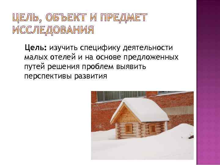 Цель: изучить специфику деятельности малых отелей и на основе предложенных путей решения проблем выявить