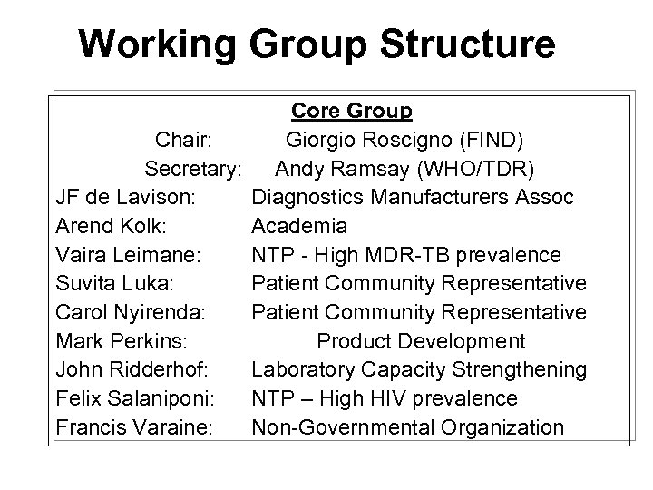 Working Group Structure Core Group Chair: Giorgio Roscigno (FIND) Secretary: Andy Ramsay (WHO/TDR) JF