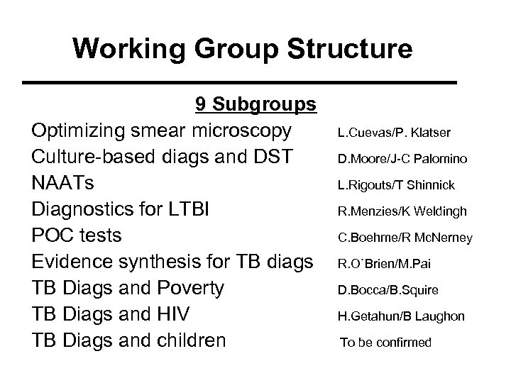 Working Group Structure 9 Subgroups Optimizing smear microscopy Culture-based diags and DST NAATs Diagnostics