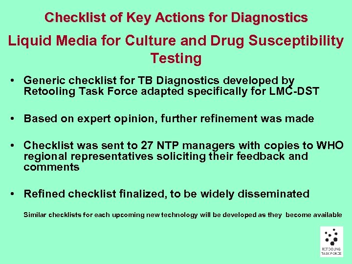 Checklist of Key Actions for Diagnostics Liquid Media for Culture and Drug Susceptibility Testing