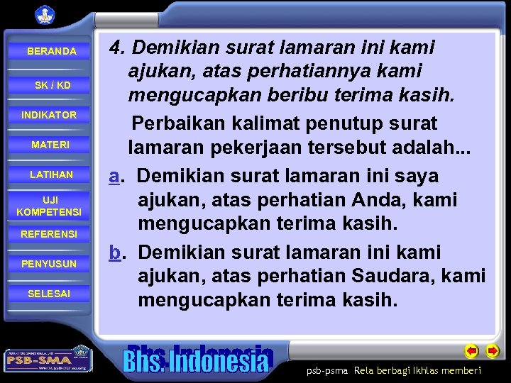  BERANDA SK / KD INDIKATOR MATERI LATIHAN UJI KOMPETENSI REFERENSI PENYUSUN SELESAI 4.